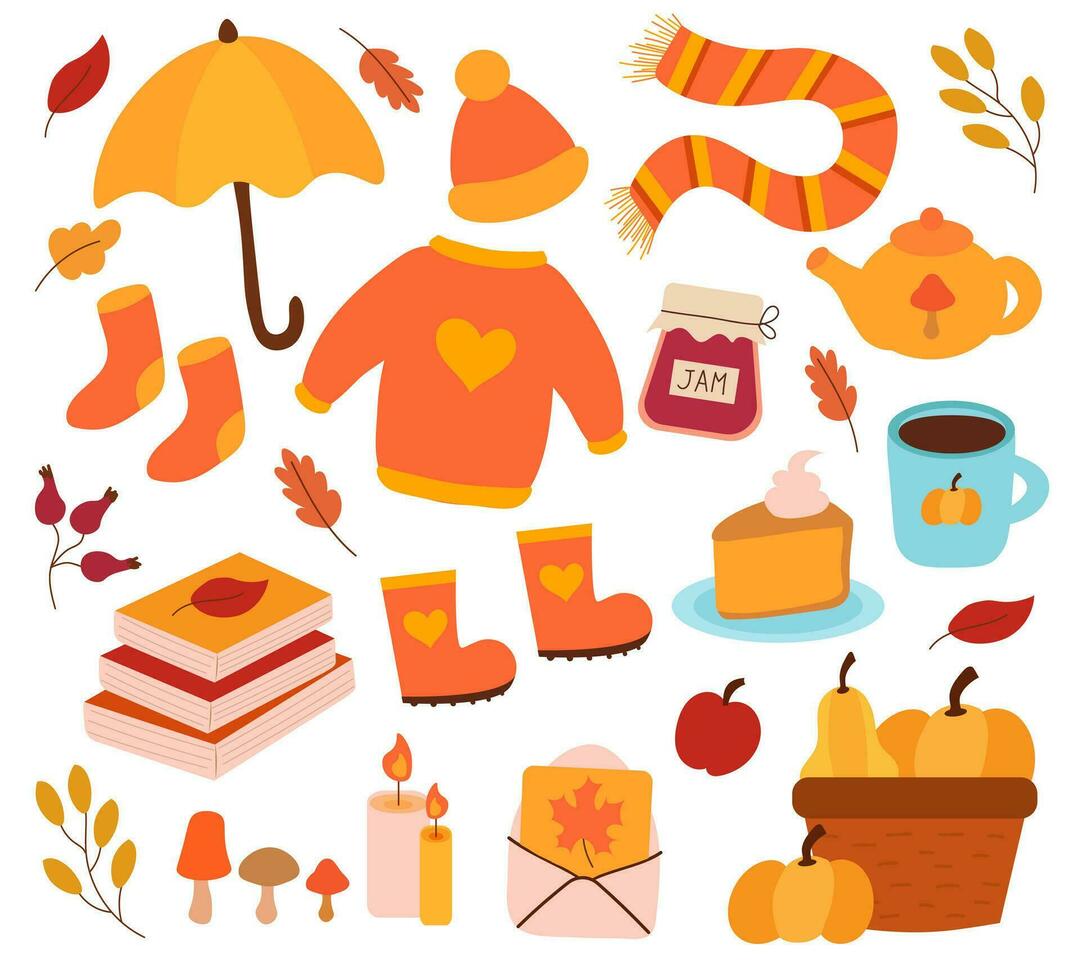 Autumn elements. Cozy sweater, hat, scarf and socks, umbrella. Basket pumpkins, books, candles. Rubber boots. Pumpkin pie. Teapot and berry jam. Flat vector set