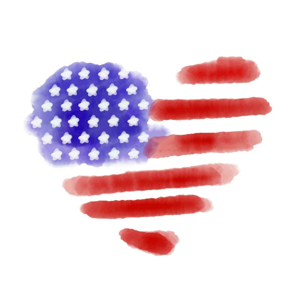 watercolor heart shaped american flag on white background, vector