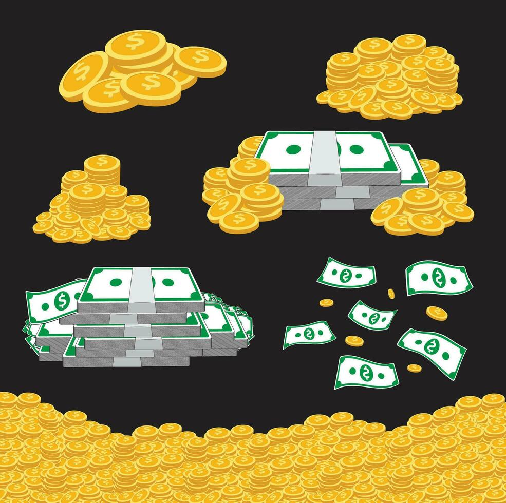 Set money paper bill and gold coin vector isolated on background.