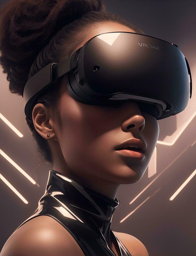 mujer teniendo divertido en virtual realidad, vr lentes foto