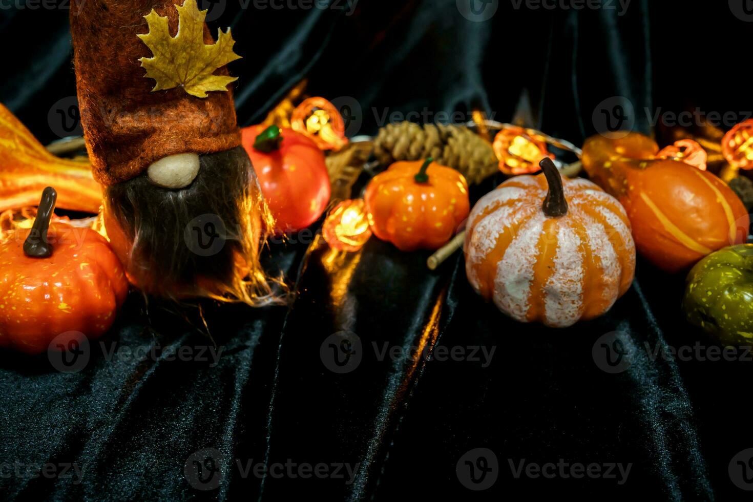Halloween decorations background. Halloween Scary pumpkin head on wooden table Halloween holiday concept photo