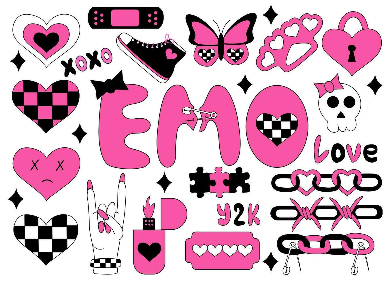 Set of emo elements. Y2k style. Hearts in chessboard, blade, Emo lettering, chains, costet, rock sign, sneakers, butterfly, skull, lighter. Black and pink. Vector flat illustration.