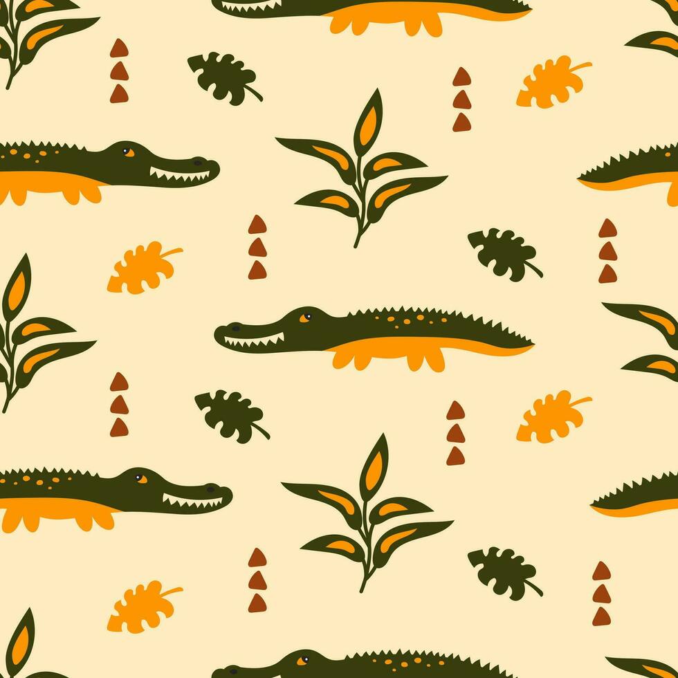 Childish African seamless pattern with crocodile vector