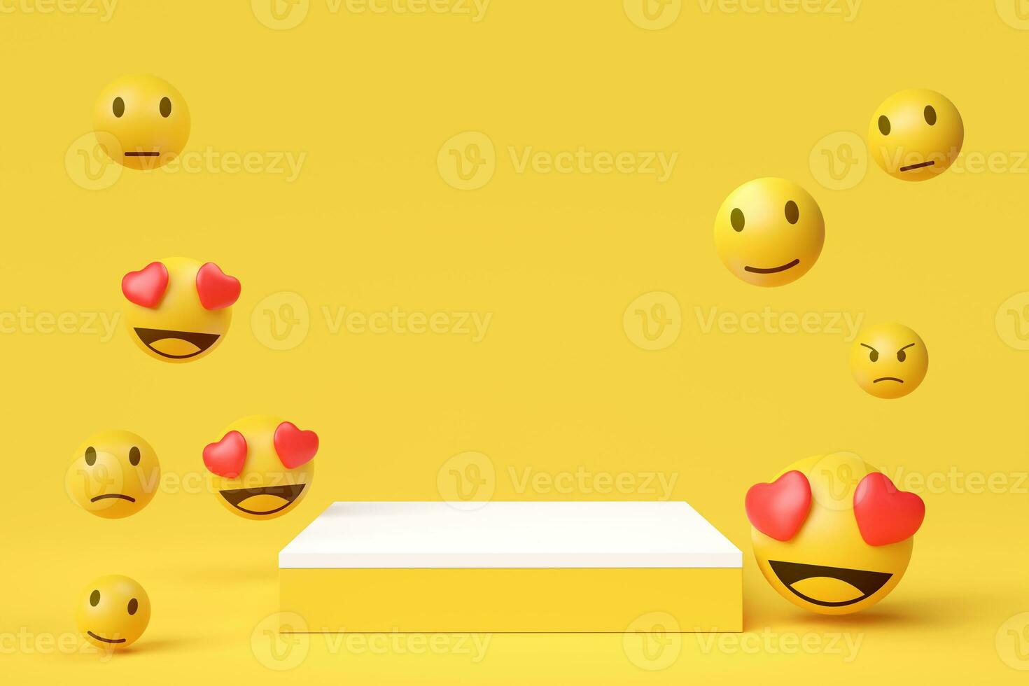 Yellow emoji background with a podium for design service satisfaction assessment concept Product show and award ceremony photo