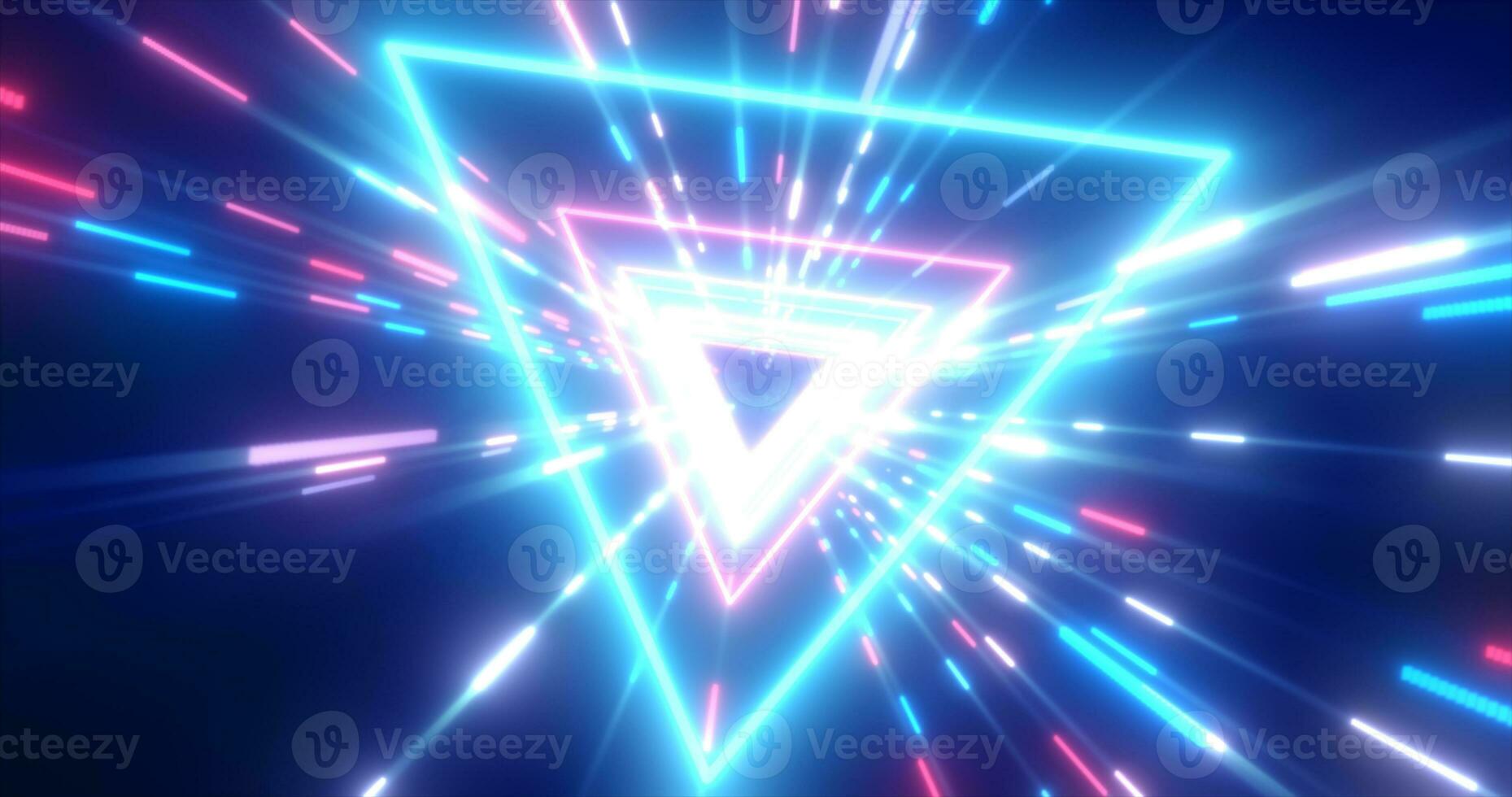 Abstract blue and purple energy futuristic hi-tech tunnel of flying triangles and lines neon magic glowing background photo