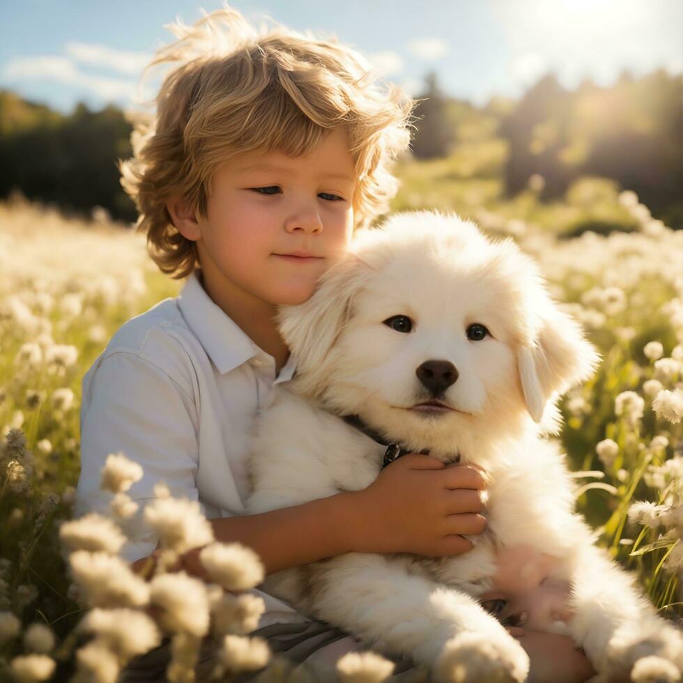 little boy and dog photo