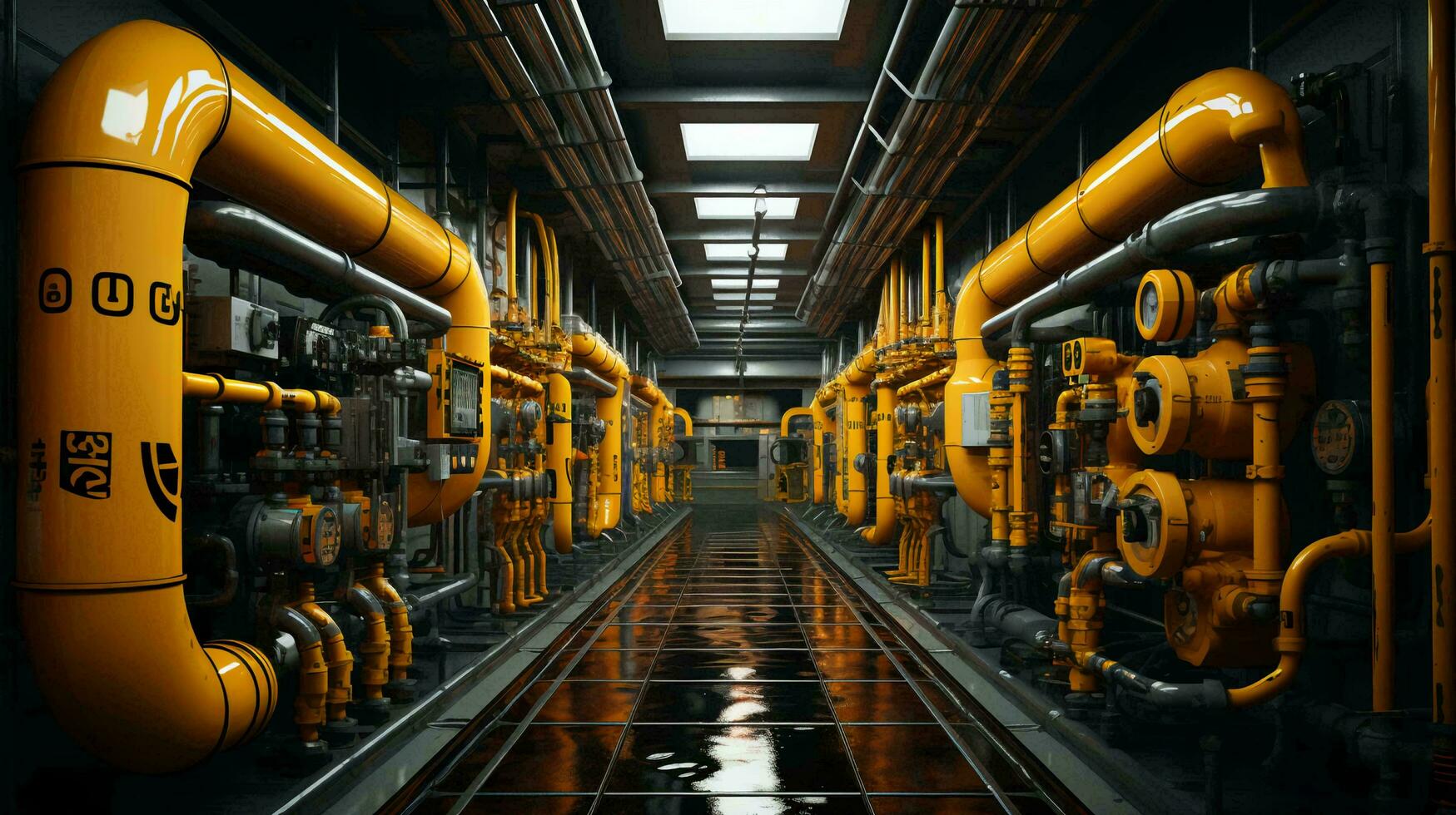 moderno químico industrial equipo, oleoductos con válvulas para bombeo líquidos de aceite, gasolina y diesel a un petróleo refinería petroquímico planta. ai generado foto