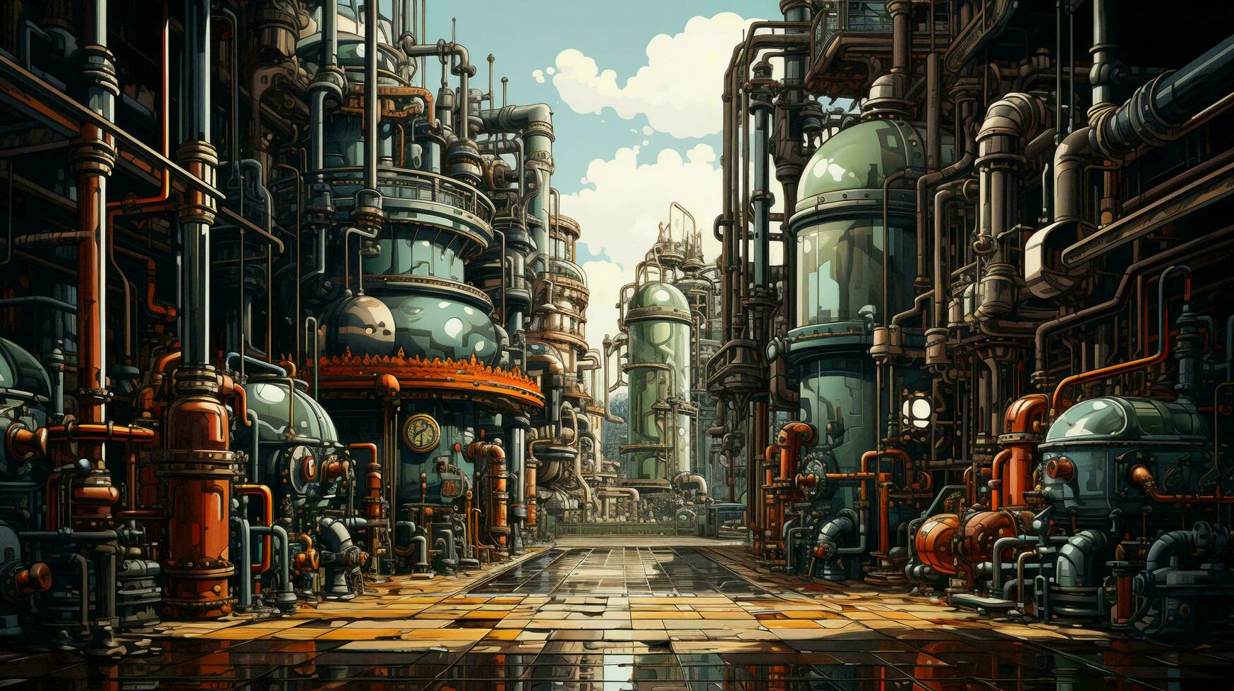 Modern chemical industrial equipment, distillation columns, tanks, heat exchangers, pipelines with valves at an oil refinery petrochemical plant. AI generated photo