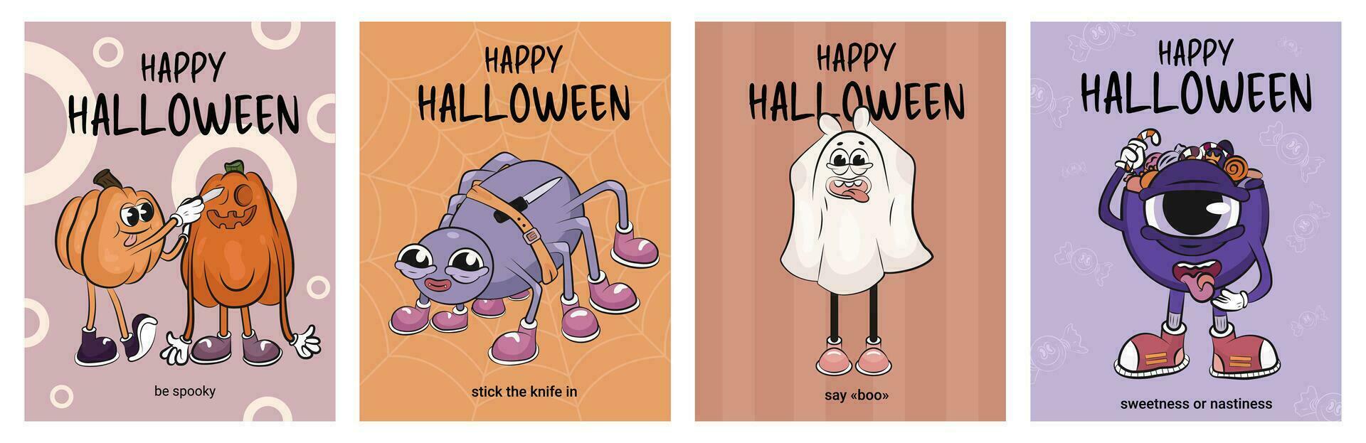 Set of postcards, posters, flyers. Halloween event, holiday. Groove characters, retro characters, cartoon style. Pumpkins, Ghost, spider, trick or treat, eye vector