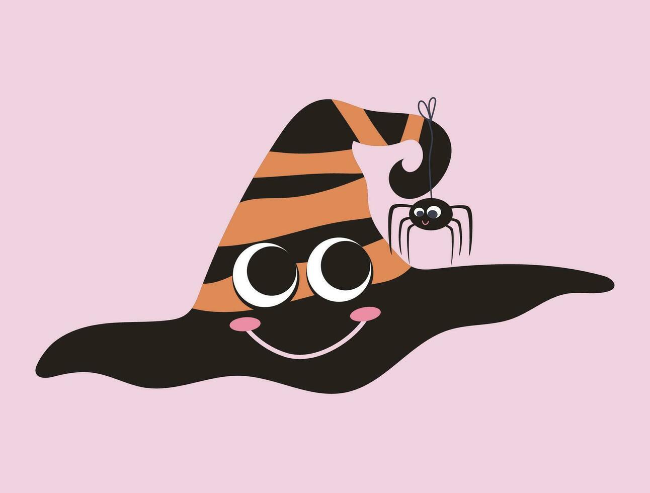 Cute illustration of Halloween smiling hat and spider. Vector design mascot funny characters.