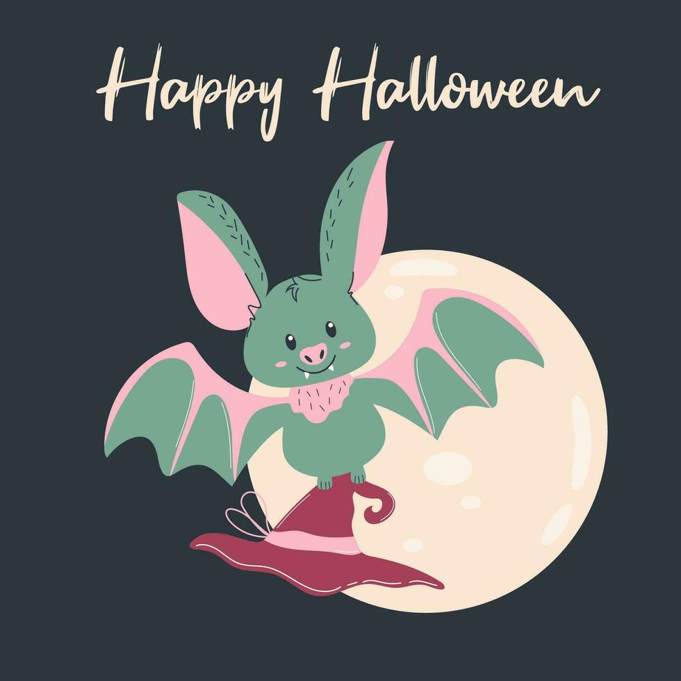 Cute Halloween greeting card with handdrawn small bat holding the witch hat. vector