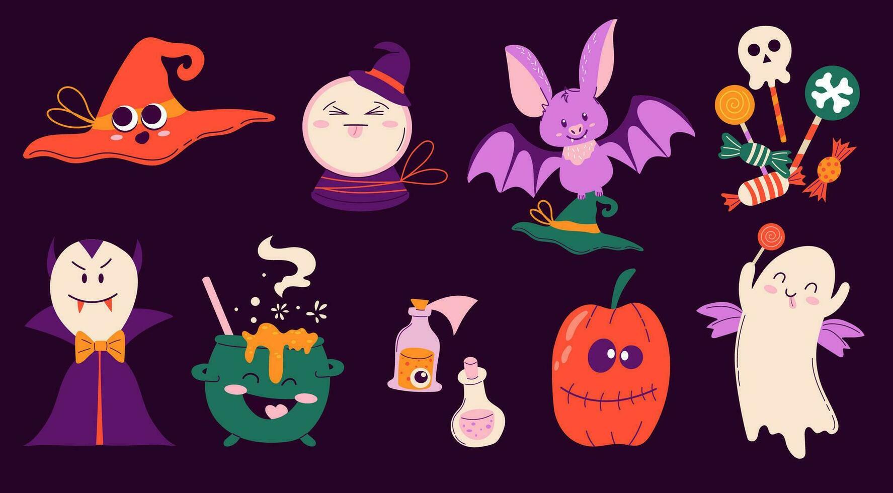 Set of cute handdrawn characters for Halloween. Mascot collection witch hat, vampire, potion, ghost, pumpkin, bat, candies. vector