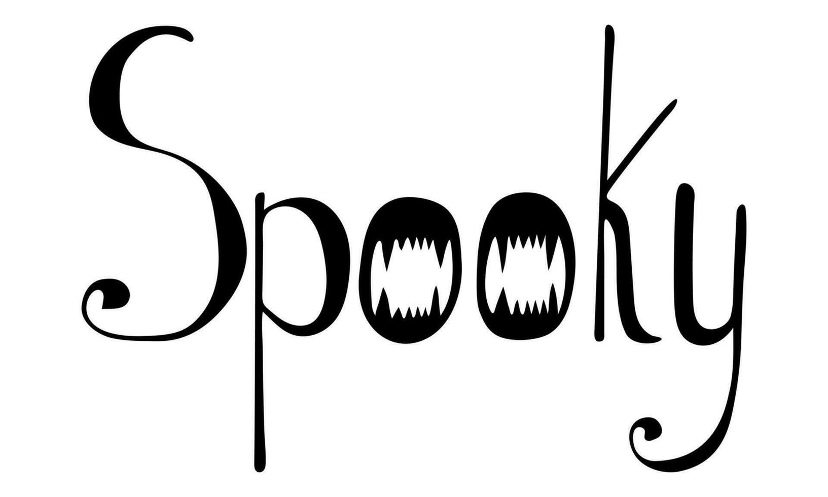 Word SPOOKY text with jaws silhouette. Banner lettering. Happy Halloween. Greeting card. Doodle design. White background. Vector illustration.