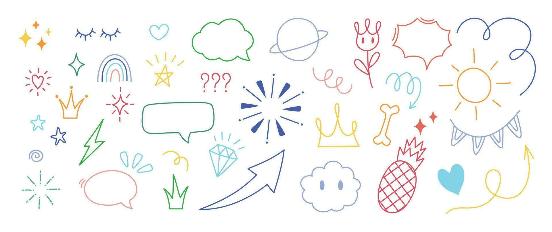 Set of cute pen line doodle element vector. Hand drawn doodle style collection of arrow, speech bubble, firework, thunder, scribble, colorful. Design for decoration, sticker, idol poster, social media vector