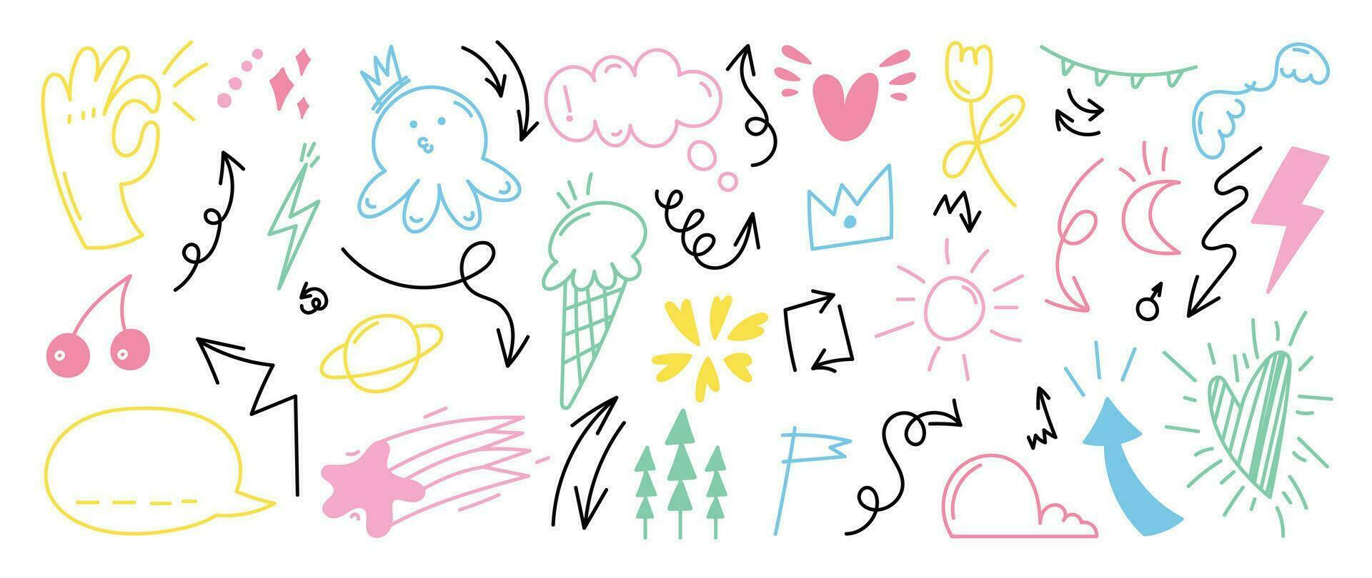 Set of cute pen line doodle element vector. Hand drawn doodle style collection of arrow, speech bubble, crown, flower, scribble, colorful. Design for decoration, sticker, idol poster, social media. vector