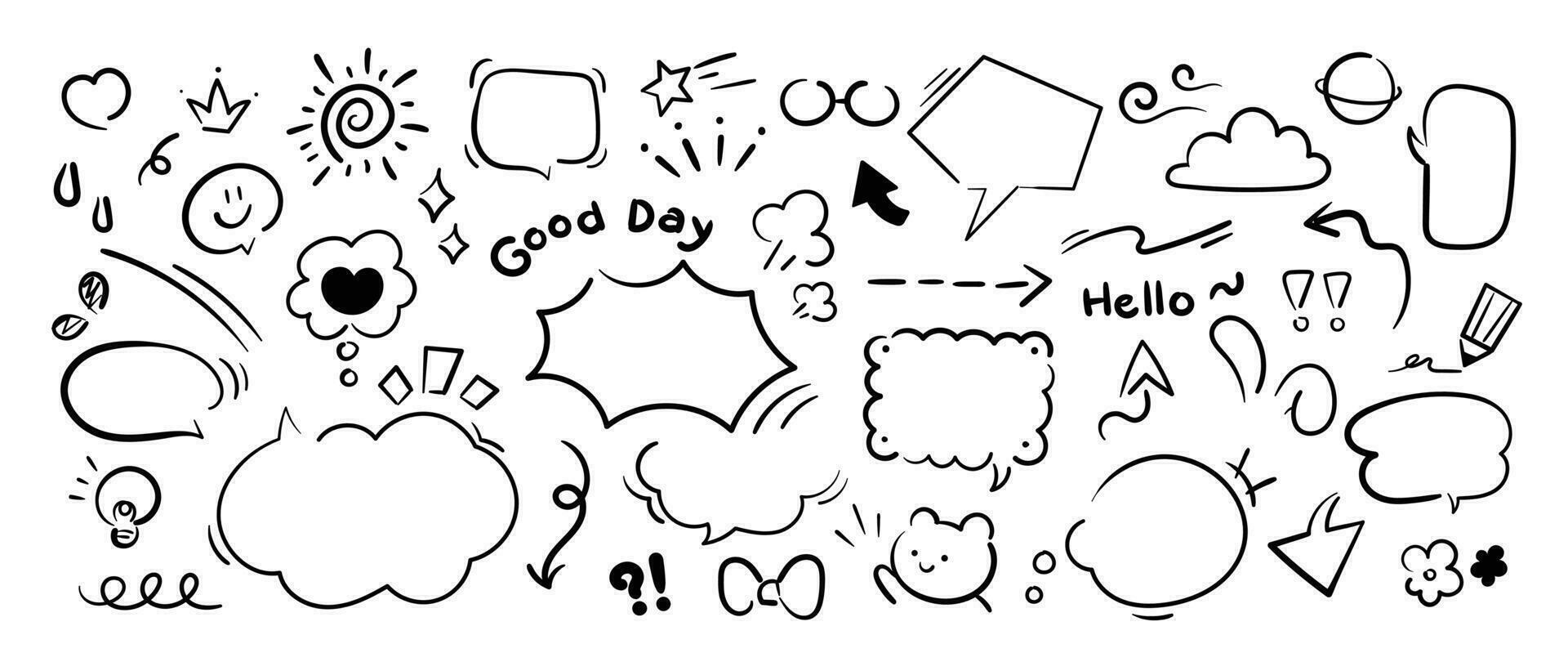 Set of cute pen line doodle element vector. Hand drawn doodle style collection of speech bubble, arrow, word, heart, flower, star, cloud. Design for decoration, sticker, idol poster, social media vector