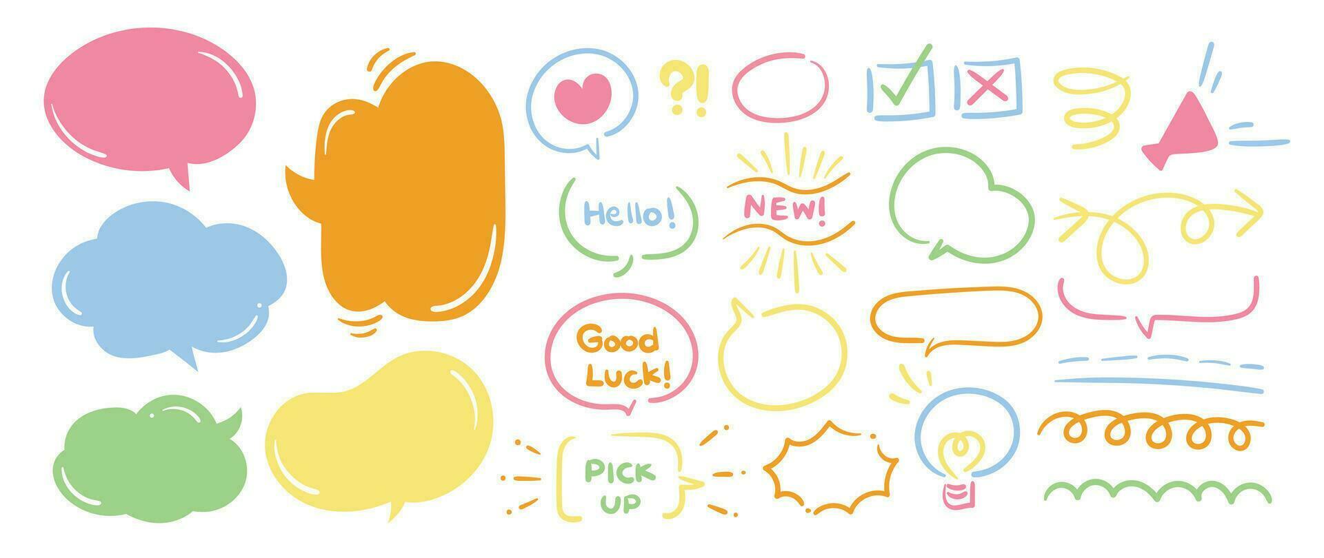 Set of cute pen line doodle element vector. Hand drawn doodle style collection of arrow, speech bubble, word, heart, scribble, colorful. Design for decoration, sticker, idol poster, social media. vector