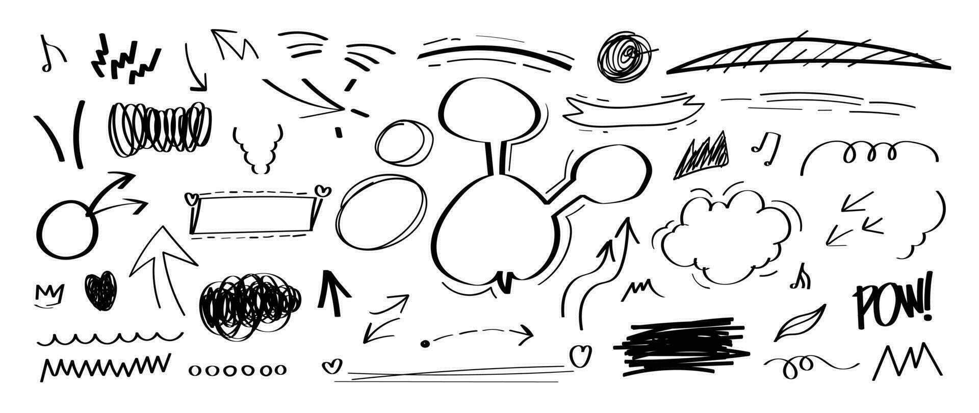 Set of cute pen line doodle element vector. Hand drawn doodle style collection of speech bubble, arrow, cloud, crown, melody, heart. Design for decoration, sticker, idol poster, social media. vector