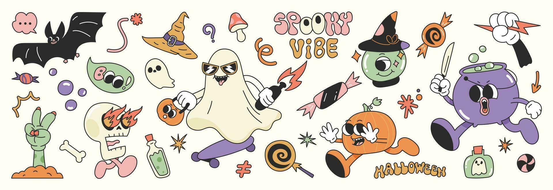 contento Víspera de Todos los Santos día 70s maravilloso vector. colección de fantasma caracteres, garabatear sonrisa rostro, cráneo, calabaza, murciélago, cuchillo, champiñón, caramelo. linda retro maravilloso hippie diseño para decorativo, pegatina. vector