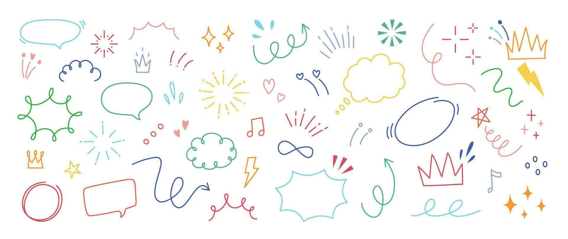 Set of cute pen line doodle element vector. Hand drawn doodle style collection of arrow, speech bubble, firework, thunder, scribble, colorful. Design for decoration, sticker, idol poster, social media vector