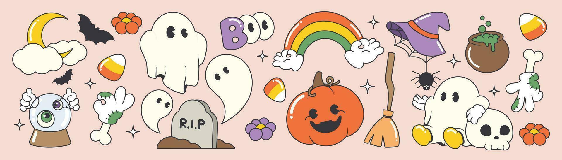 Happy Halloween day 70s groovy vector. Collection of ghost characters, doodle smile face, skull, pumpkin, bat, moon, bone, broom, grave. Cute retro groovy hippie design for decorative, sticker. vector