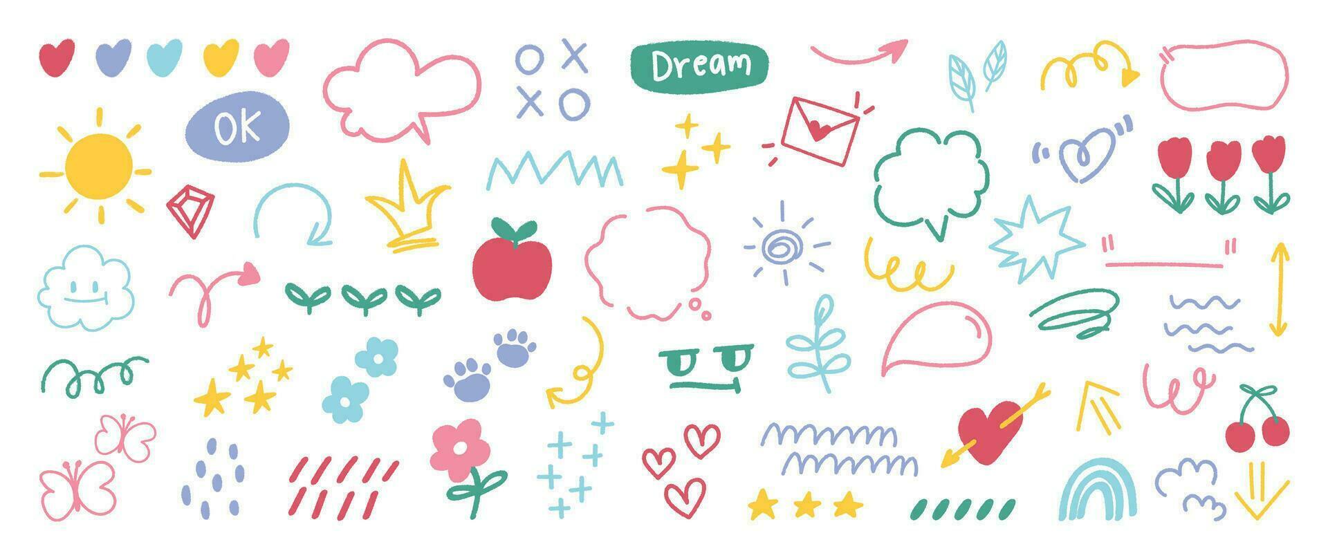 Set of cute pen line doodle element vector. Hand drawn doodle style collection of arrow, speech bubble, butterfly, flower, scribble, colorful. Design for decoration, sticker, idol poster, social media vector