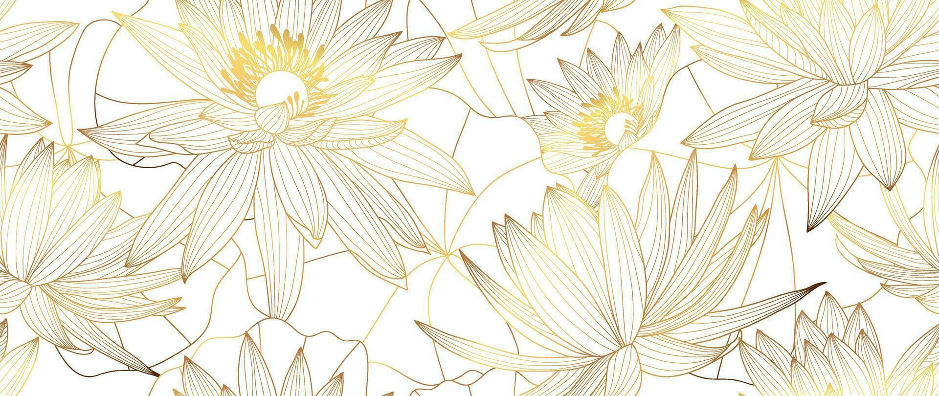 Luxury hand drawn lotus flowers background vector. Elegant gradient gold lotus flowers line art, leaves on white background. Oriental design for wedding invitation, cover, print, decoration, template. vector