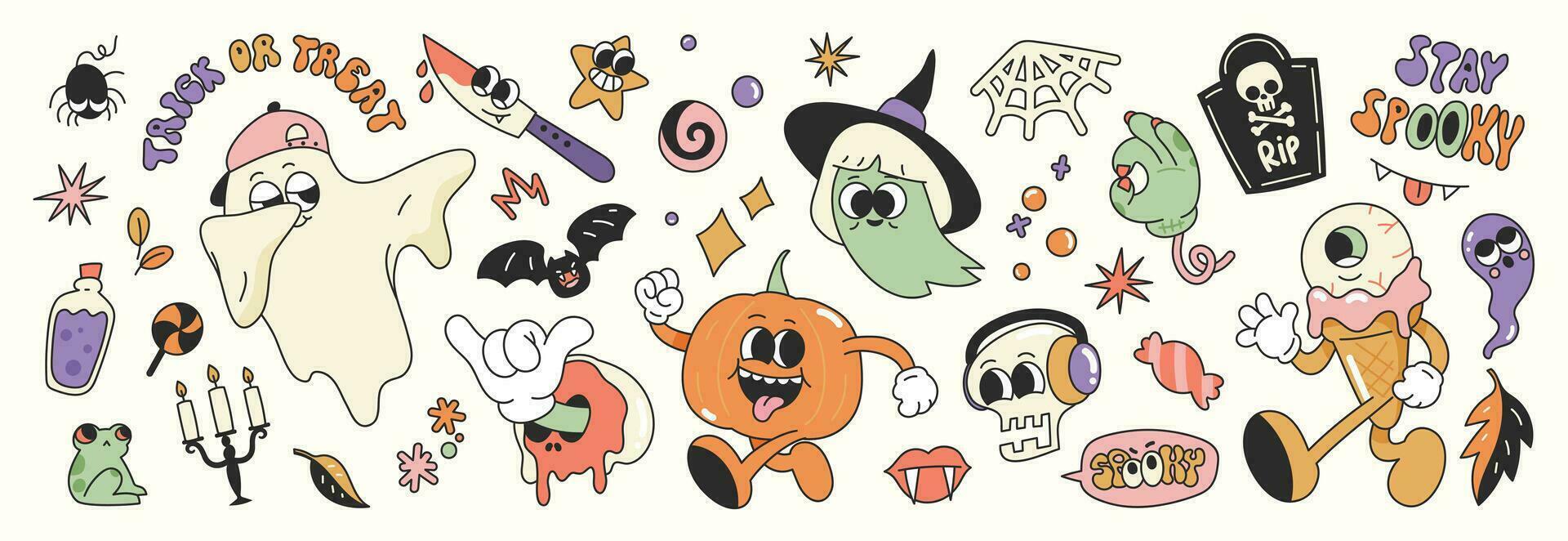 Happy Halloween day 70s groovy vector. Collection of ghost characters, doodle smile face, skull, pumpkin, bat, knife, ice cream, spider. Cute retro groovy hippie design for decorative, sticker. vector