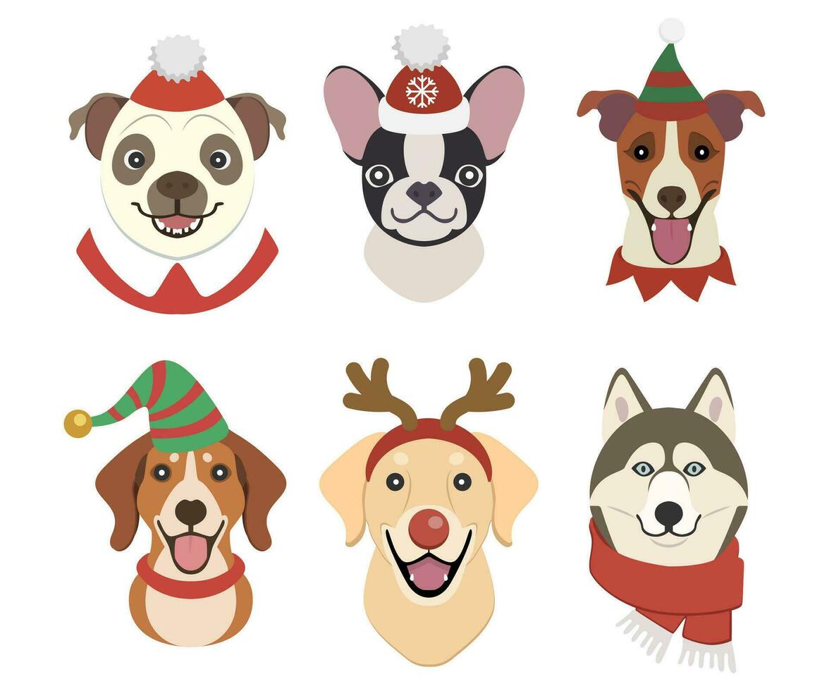 Cute dogs Wearing Christmas accessories and scarves. Pet collection character hand drawn vector