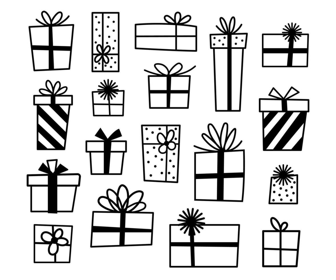 Christmas gift box doodle collection. Xmas present with ribbon. Christmas decor vector