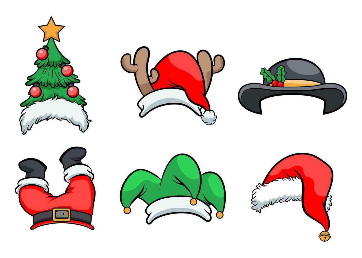 Christmas holiday hats. Santa claus cap, snow reindeer and elves hat. Headwear cartoon vector