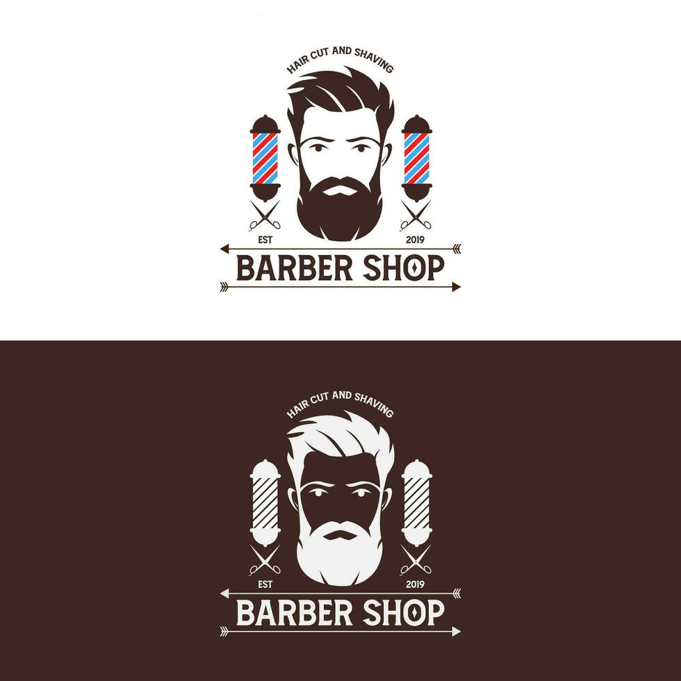 Vintage Barbershop Logo vector bearded head, scissor, hair cut and shaving