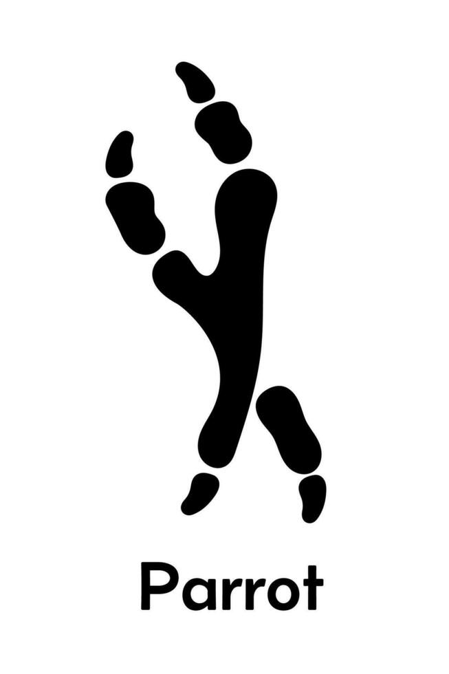 Parrot footprint black silhouette on white background. Bird track