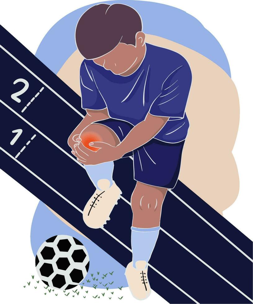 deporte hombre participación rodilla con manos en dolor después corriendo lesión, jugando fútbol. en pie hombre participación rodilla con manos con rodilla lesión y dolor vector