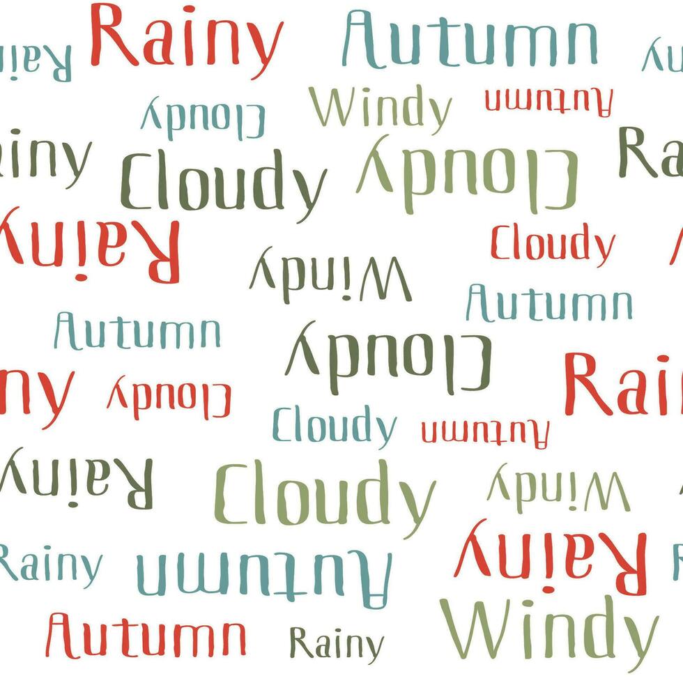 Autumn words seamless pattern. Colorful Vector text isolated on white background. Season weather Cloudy, Rainy, Windy for print, textile, fabric, Wrapping paper, Screen wallpaper.