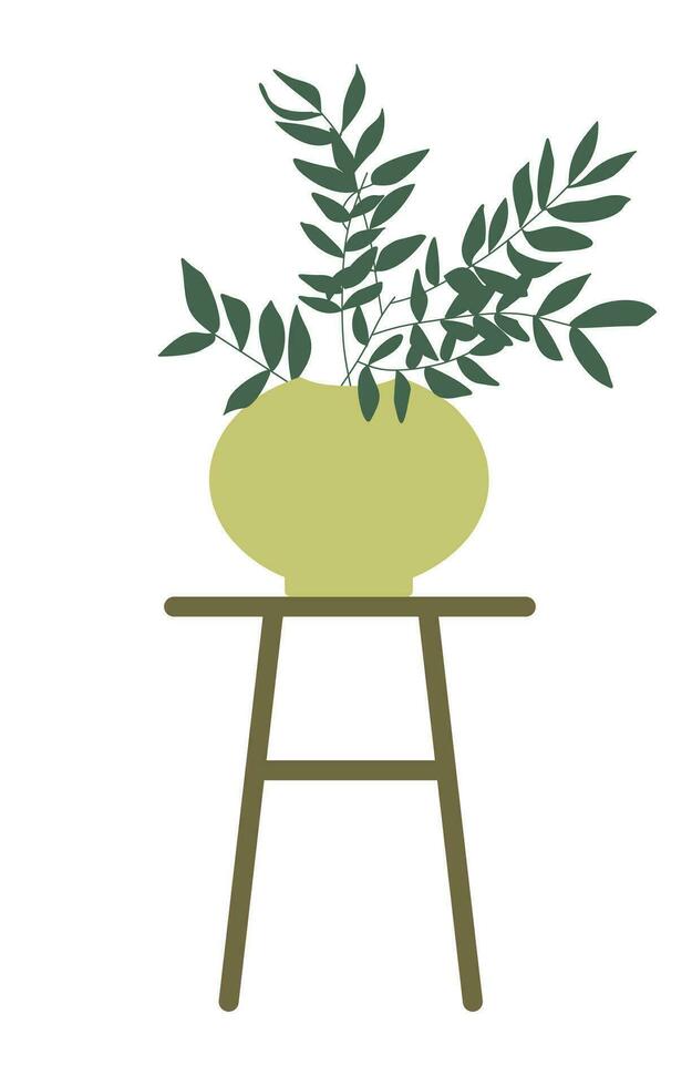 flowFlowerpot standing on wooden table or chair. Vector flat style illustration with botanical and interior elements isolated on white background.