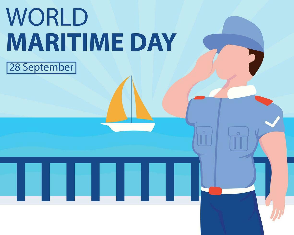 illustration vector graphic of a sailor salutes on the deck of a ship, showing the sea in the background, perfect for international day, world maritime day, celebrate, greeting card, etc.