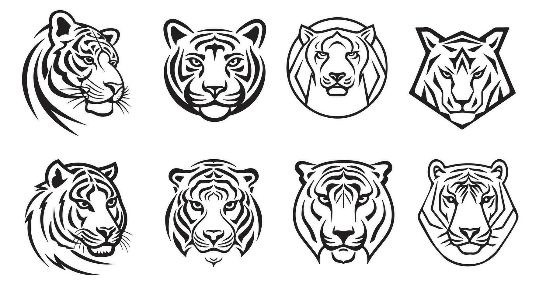 Tiger head collection logo sketch hand drawn in doodle style Vector illustration