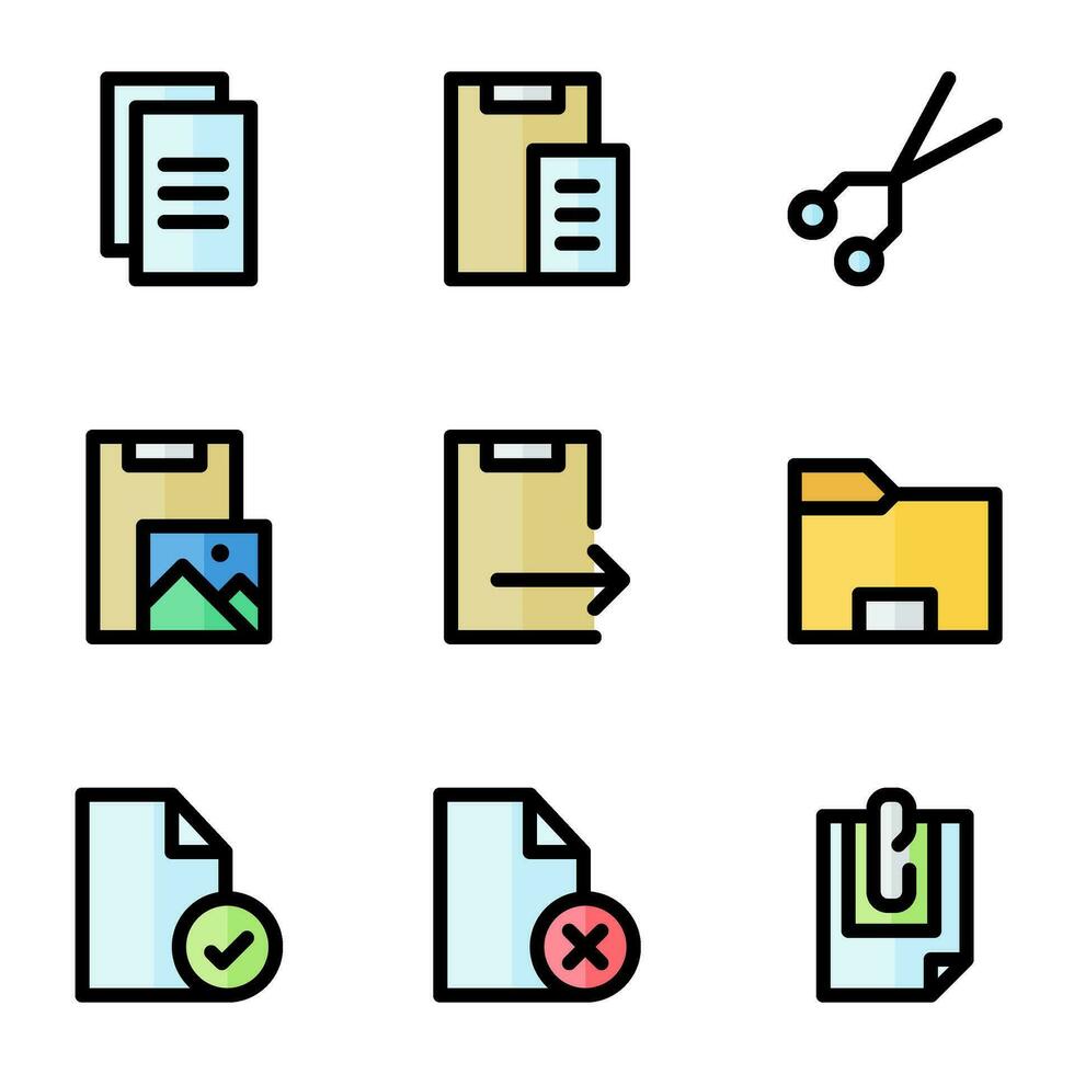 document and files icon set, in colored outline style, includes copy, cut, paste, attachment, files and folders. Suitable for business needs, offices and jobs. vector