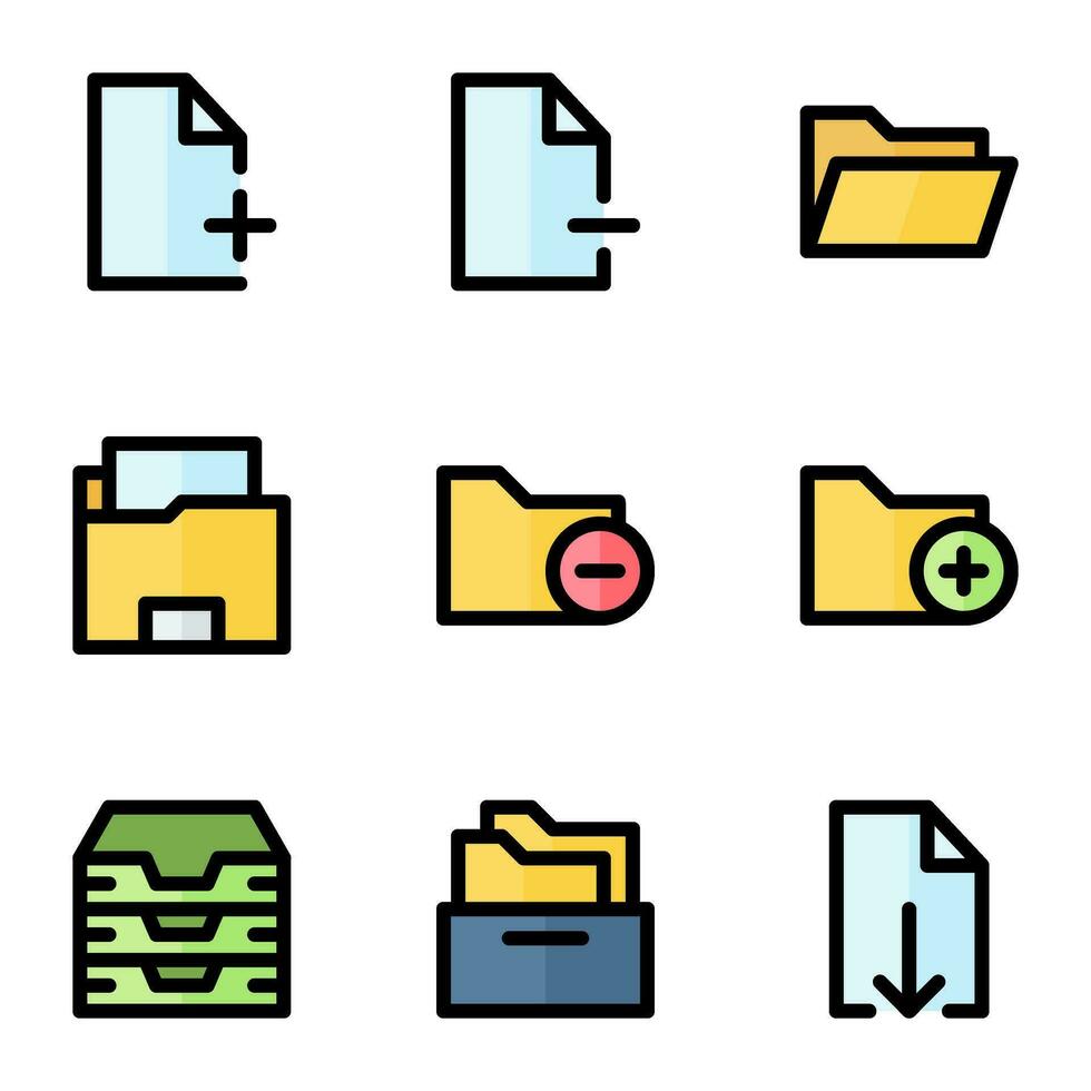 documento y archivos icono colocar, en de colores contorno estilo, incluye crear nuevo archivo, borrar, crear nuevo carpeta, bandeja de entrada, descargar archivo, y archivo. adecuado para negocio necesidades, oficinas y trabajos. vector