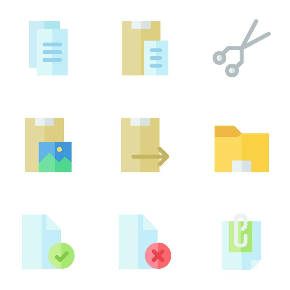 document and files icon set, in flat style, includes copy, cut, paste, attachment, files and folders. Suitable for business needs, offices and jobs. vector