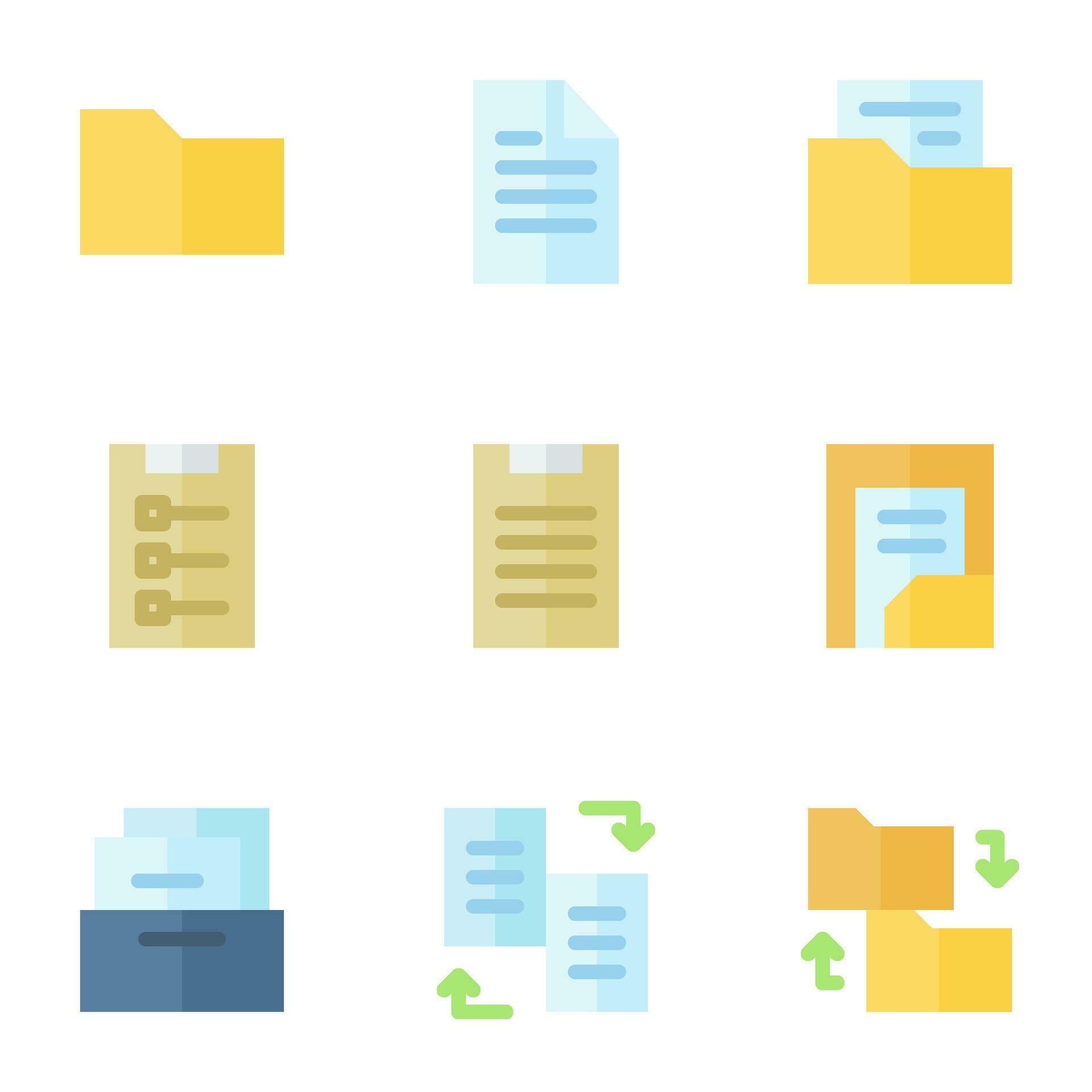 document and file icon set, in flat style, includes folder, file, paper ...