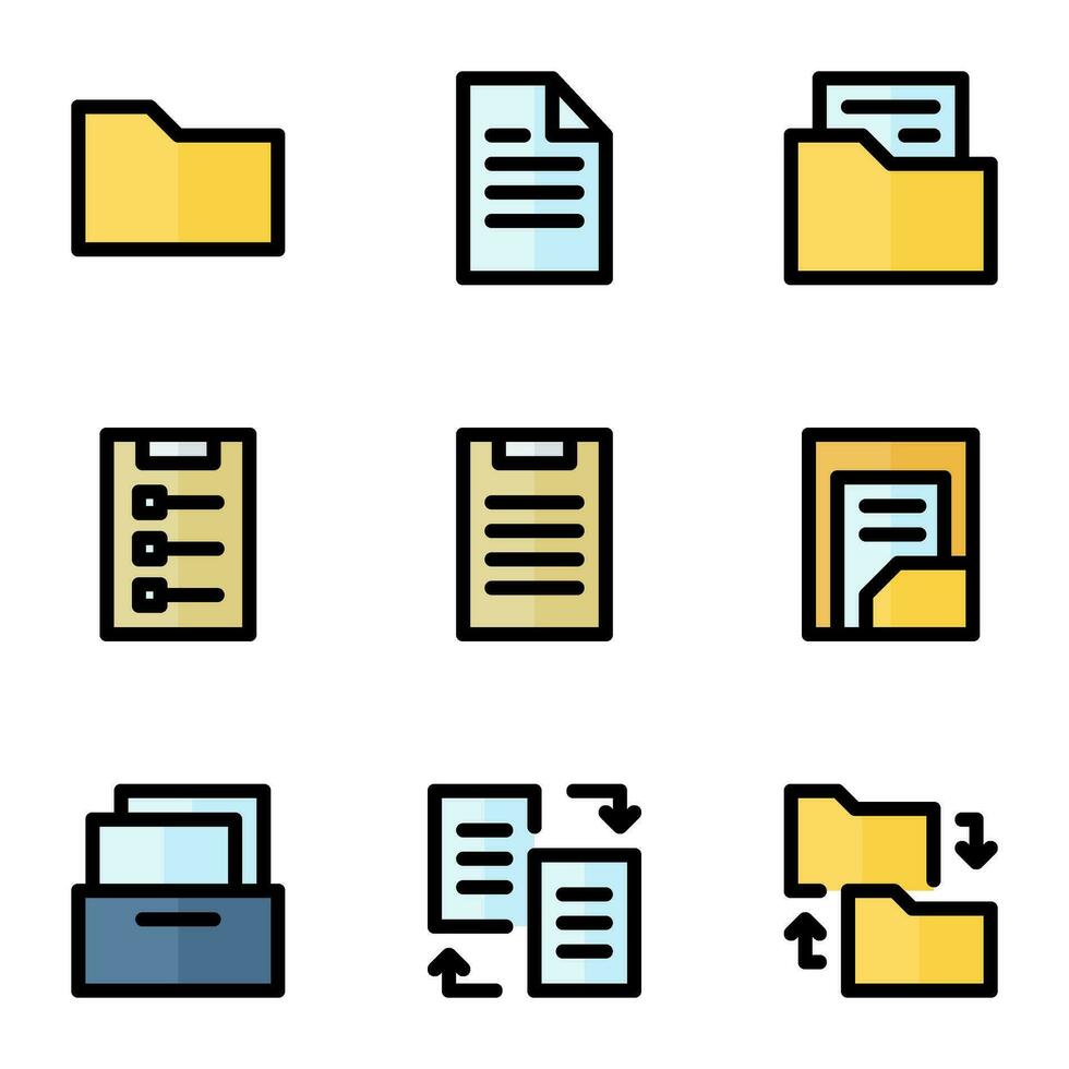 documento y archivo icono colocar, en de colores contorno estilo, incluye carpeta, archivo, papel, caja, nota, y archivo. adecuado para negocio necesidades, oficinas y trabajos. vector
