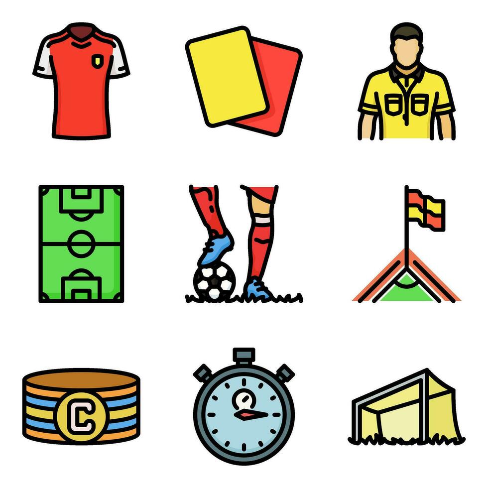 Soccer icon set, in colored outline style, includes pitch, corner, player, stopwatch, and referee. Suitable for sports and football needs. vector