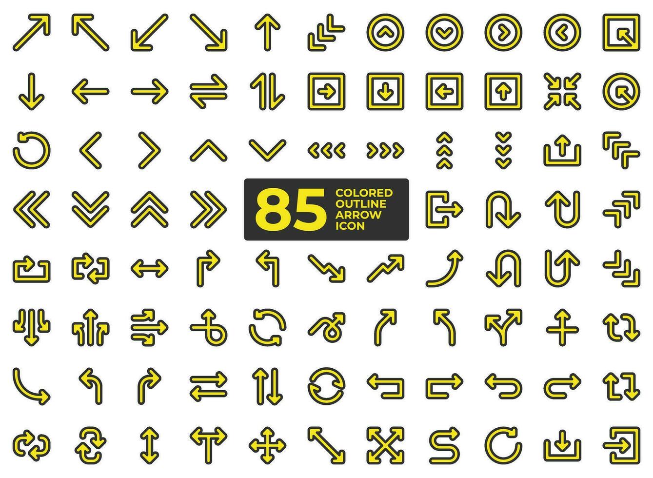 icon set of two-line arrow symbol, yellow and black in pixel perfect for directions and user interface as well as for traffic signs. This includes forward, back, turn, reverse, rewind, up and down. vector