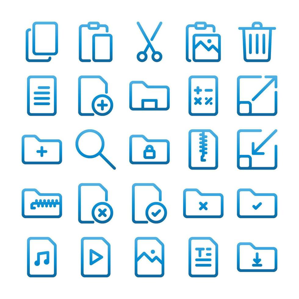 document and file icon set, in gradient line style, suitable for business, office, work, ui and technology. This includes files, data, new documents, folders, edit, copy, archive, file format. vector