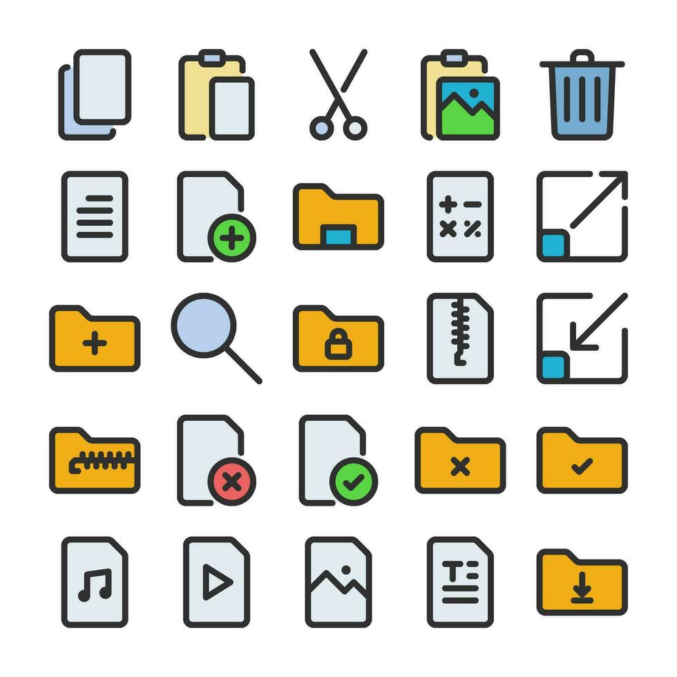 Documents and file icon set, in colord outline style, suitable for business, office, work, ui and technology. This includes files, new documents, folders, edit, copy, archive, file format, and delete. vector