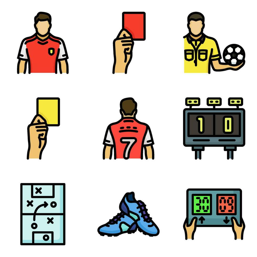 Soccer icon set, in colored outline style, including card, referee, player, and shoe. Suitable for sports and football needs. vector