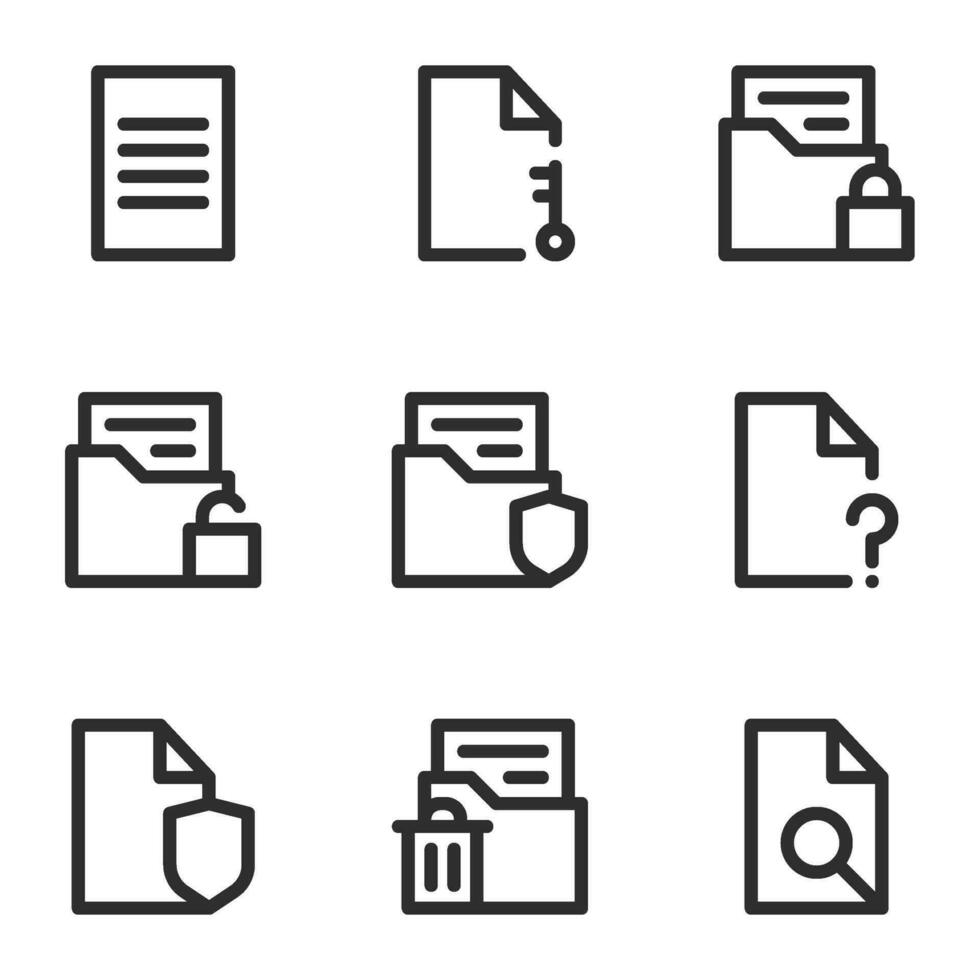 document and file icon set, in line style, includes paper, file, lock, password, security, folder and protection. Suitable for business needs, offices and jobs. vector