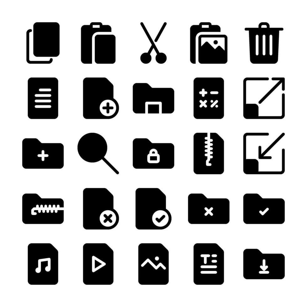 documents office icon set, in glyph style, suitable for business, office, work, ui and technology. This includes files, data, new documents, folders, edit, copy, archive, file format, and delete. vector